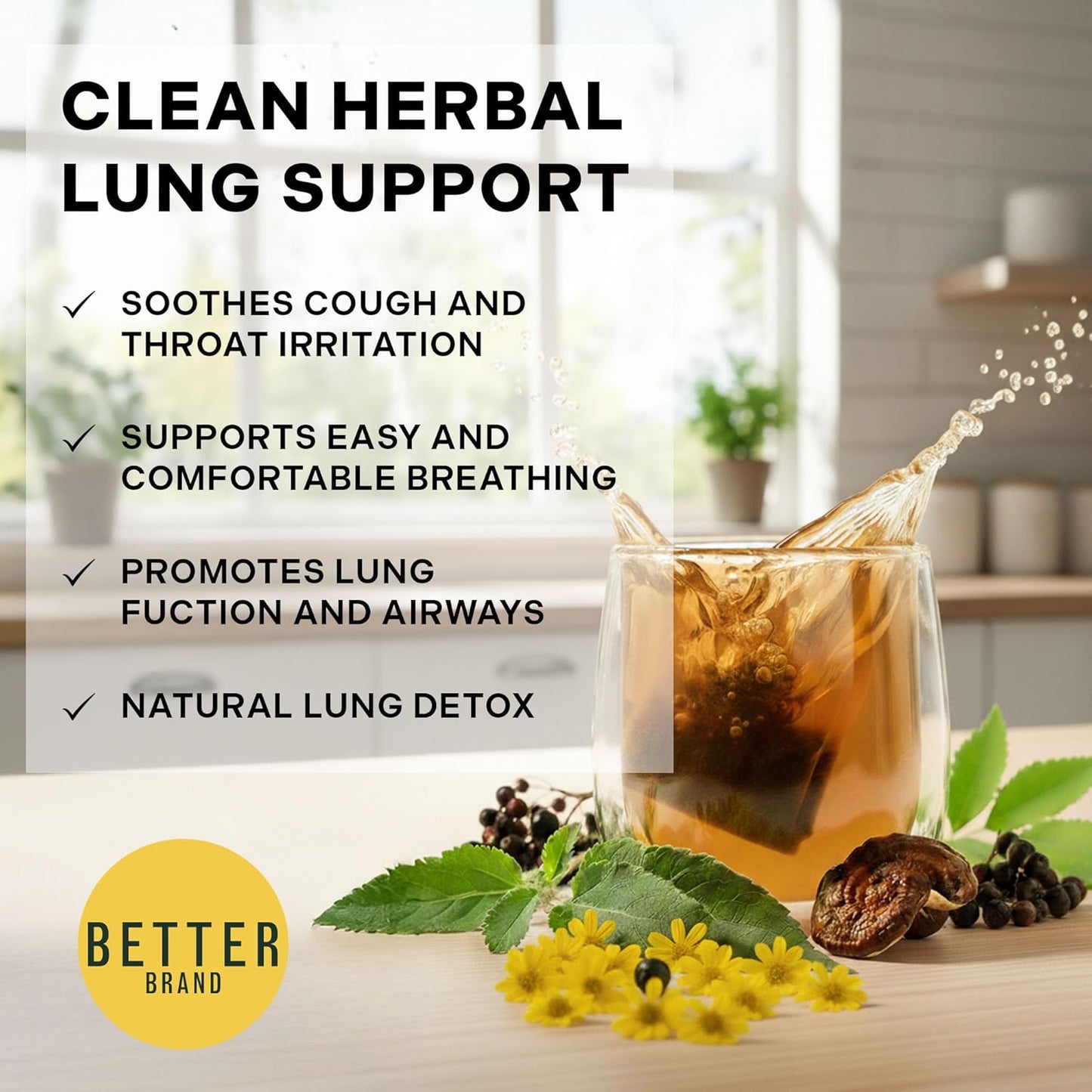 Betterbrand Mullein Tea Bags for Lung Detox - Respiratory Support with Thyme, Elderberry, Ginseng, Ginger, Caffeine Free Herbal Blend