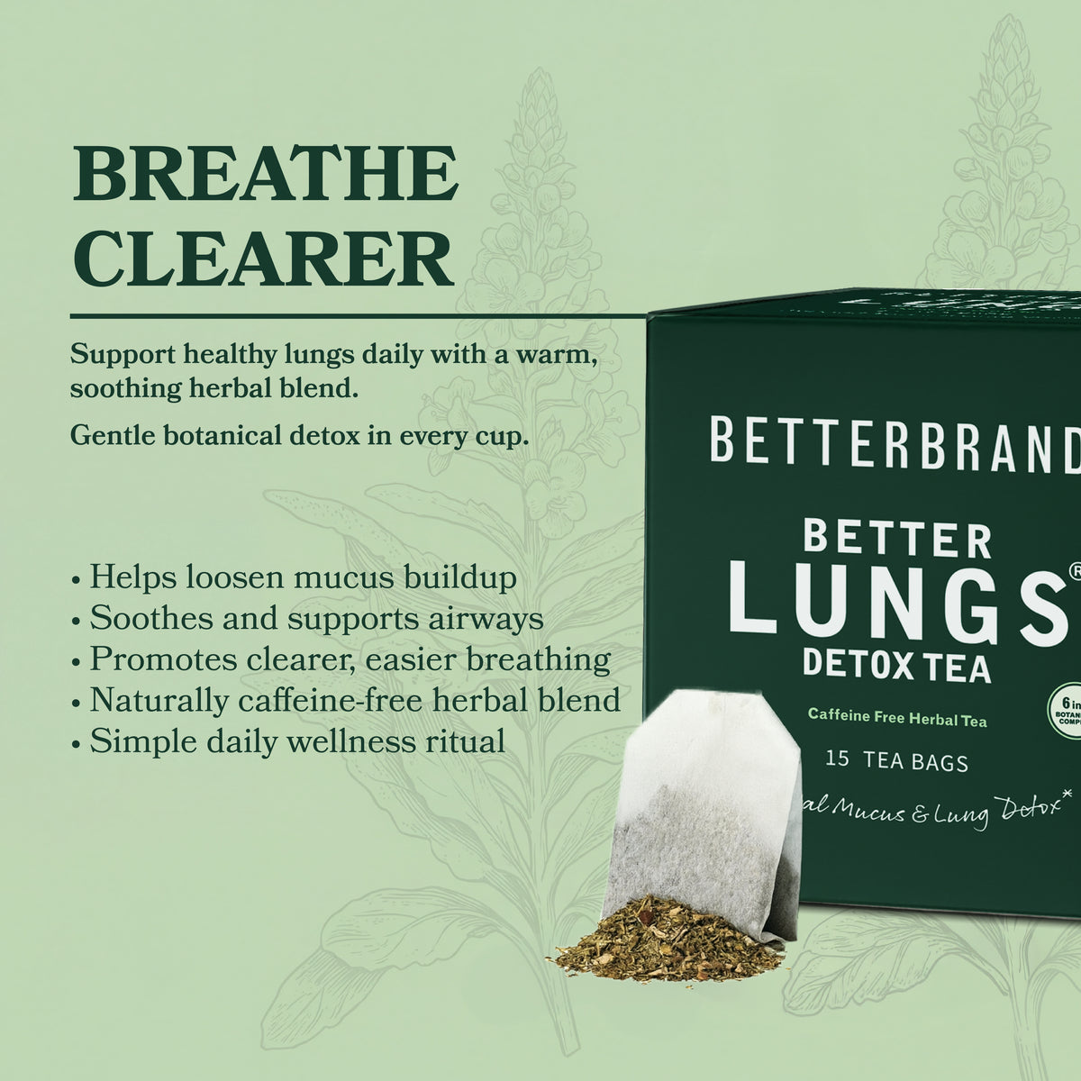 Betterbrand Mullein Tea Bags for Lung Detox - Respiratory Support with Thyme, Elderberry, Ginseng, Ginger, Caffeine Free Herbal Blend