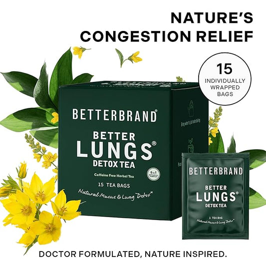 Betterbrand Mullein Tea Bags for Lung Detox - Respiratory Support with Thyme, Elderberry, Ginseng, Ginger, Caffeine Free Herbal Blend